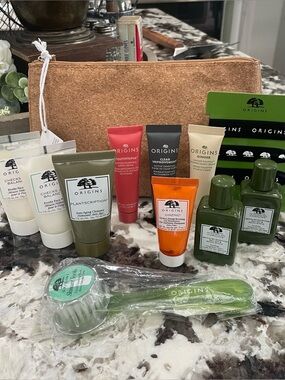 Origins Skincare Assorted Travel Set with Cork Pouch, Cleansing Brush & Ties
